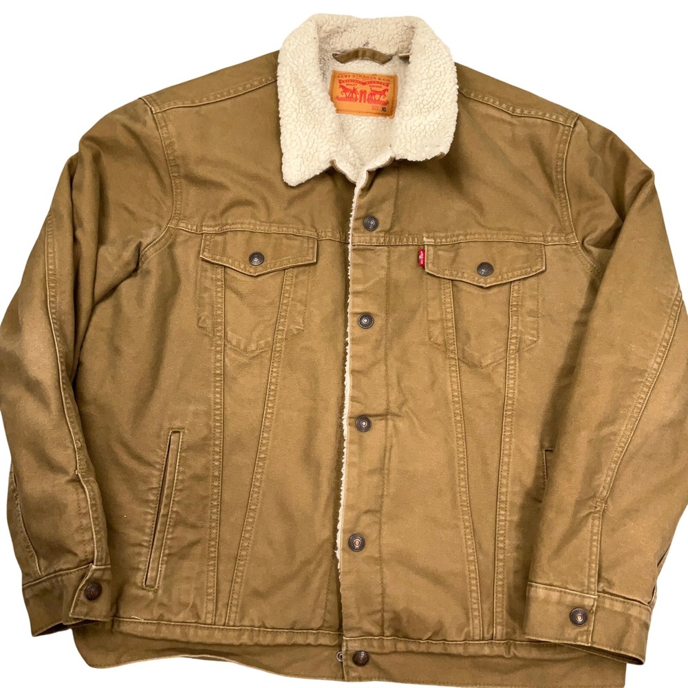 Levi's Trucker Jacket Mens XL Tan Cream Canvas Faux Sherpa Fur Lined 16365-0122